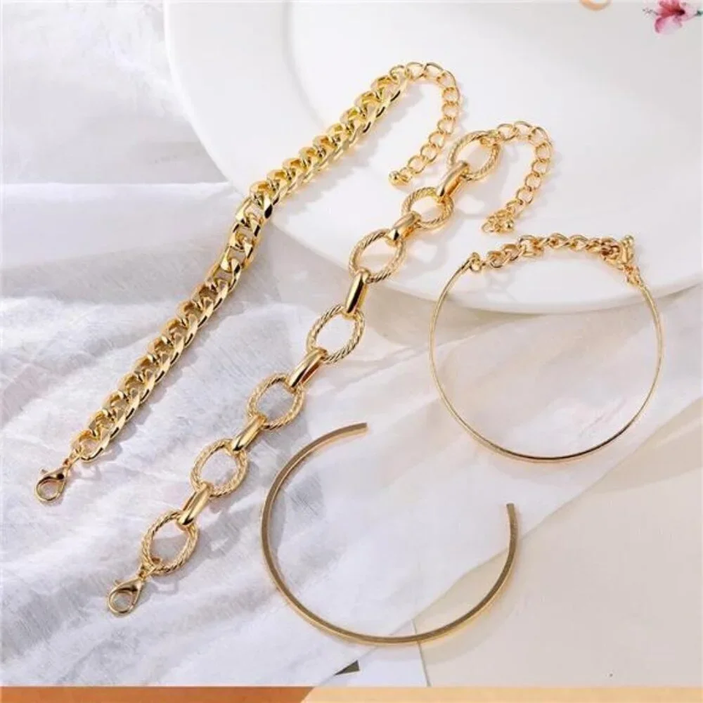 Trendy 4-Piece Gold Bracelet Set for Women – Chunky Chain, Minimalist Cuff